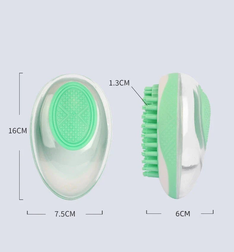 2-in-1 pet grooming brush with soft silicone bristles, shampoo reservoir, and ergonomic grip for bathing and massaging cats and dogs
