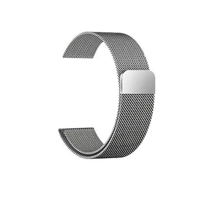 Stainless steel Apple Watch strap in silver on a wrist, showing the metal links and secure clasp.