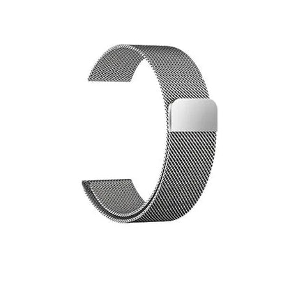 Stainless steel Apple Watch strap in silver on a wrist, showing the metal links and secure clasp.