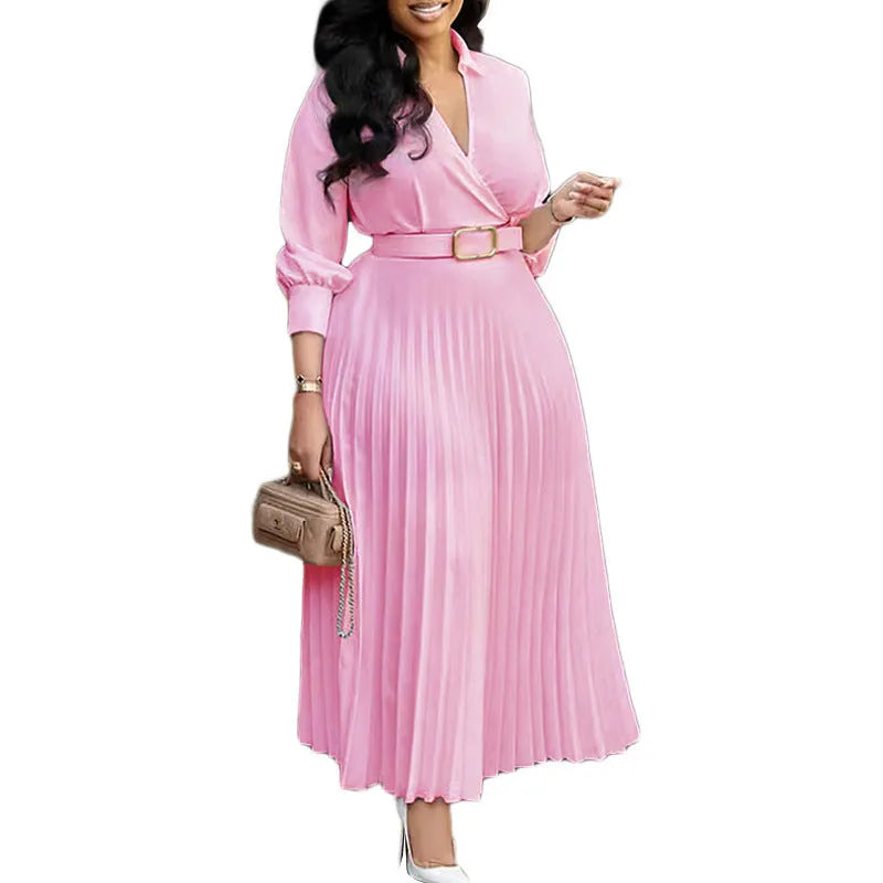Women's solid colour pleated swing dress with polo collar, 3/4 sleeves and coordinating belt