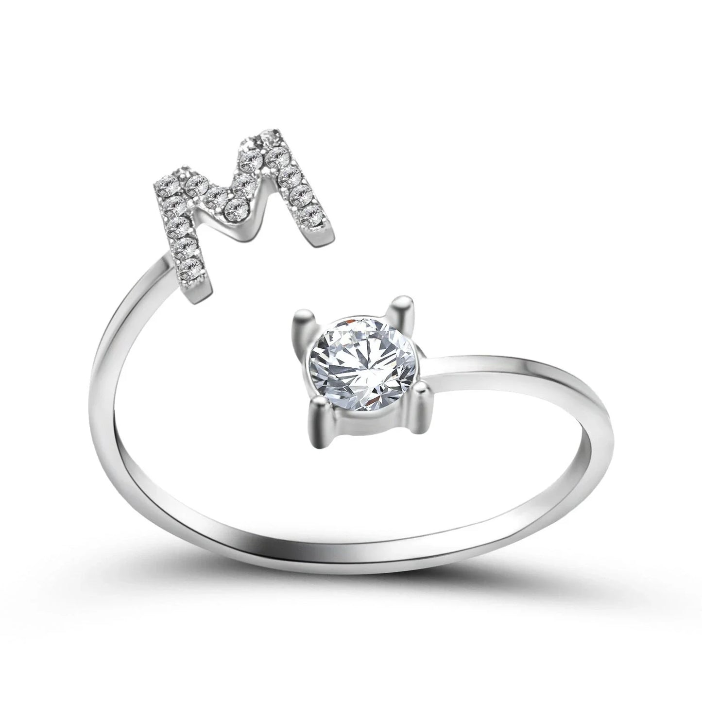 Personalized Initial Letter Crystal Ring with Adjustable Design in Gold, Silver, and Rose Gold Colors