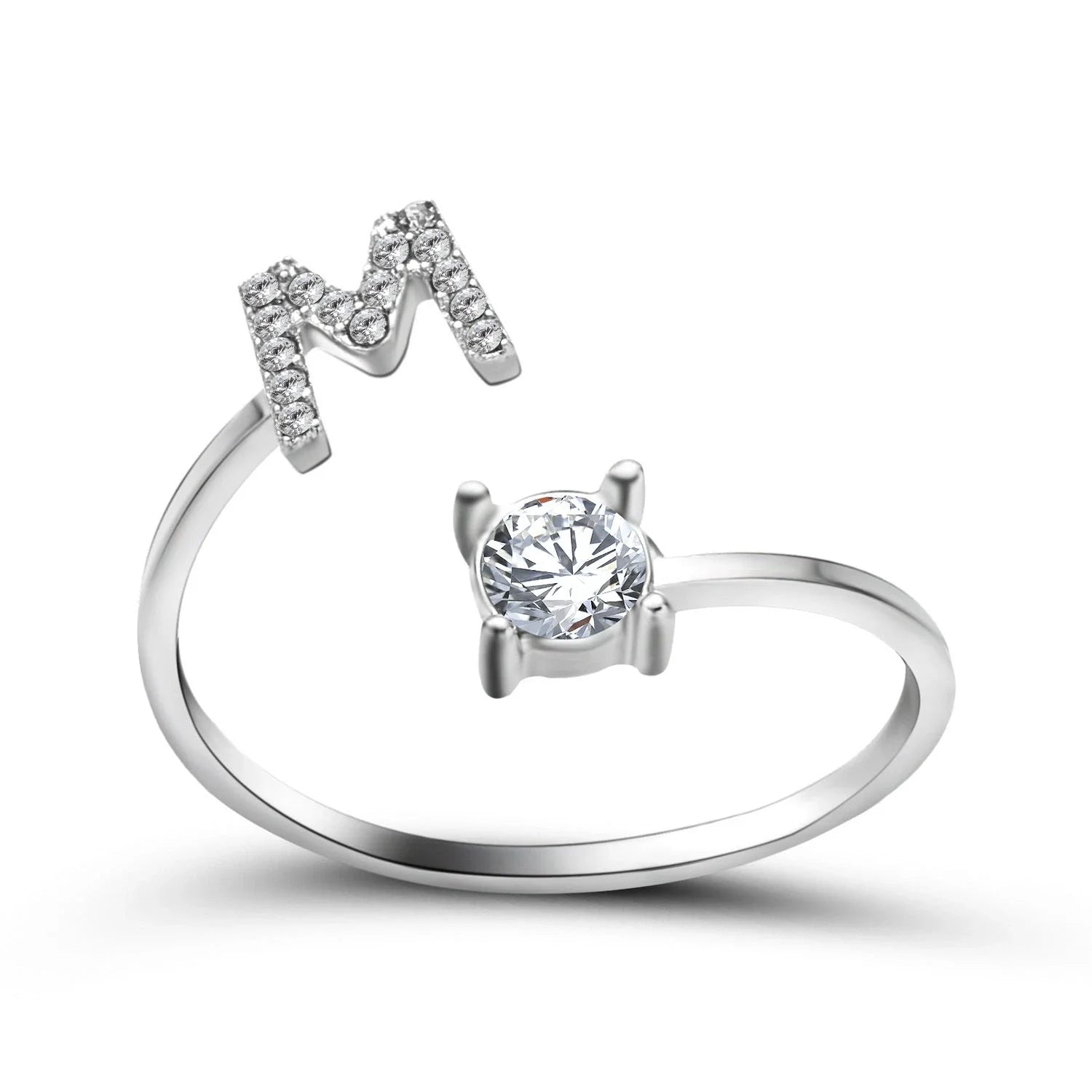 Personalized Initial Letter Crystal Ring with Adjustable Design in Gold, Silver, and Rose Gold Colors