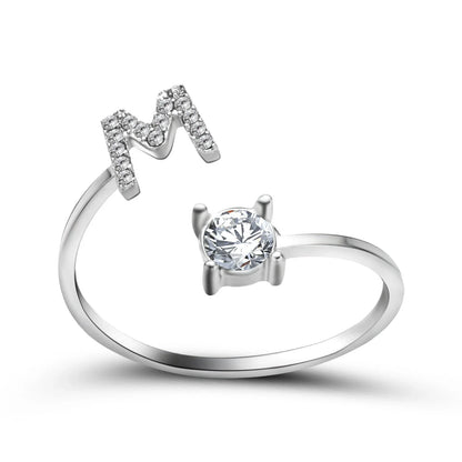 Personalized Initial Letter Crystal Ring with Adjustable Design in Gold, Silver, and Rose Gold Colors
