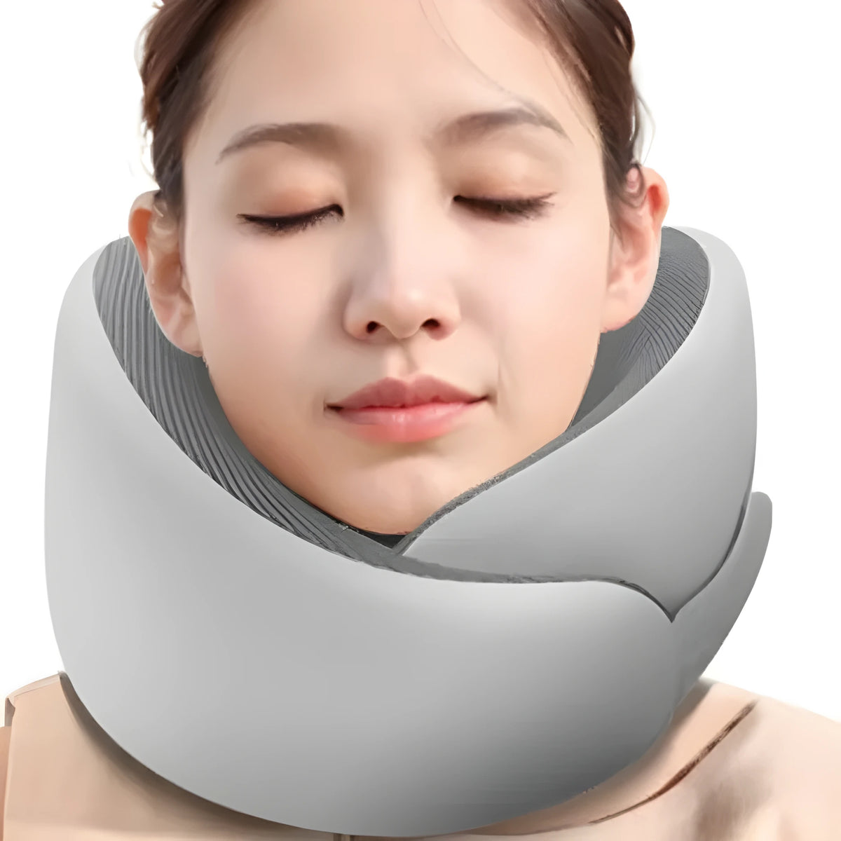 Light grey memory foam U-shaped neck pillow with a magnetic cloth protector.