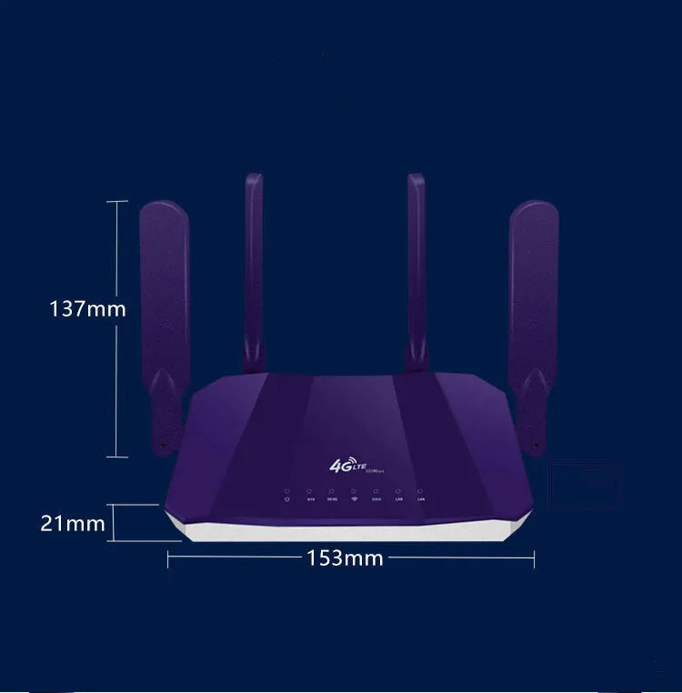 Blue 4G dual mode router with four external antennas showing front panel with status lights and connectivity ports