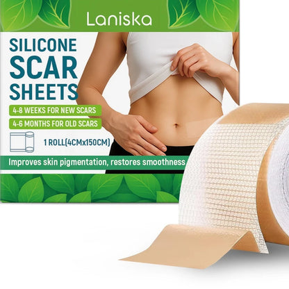 Roll of silicone scar sheets showing 4cm width with tea tree oil and aloe extract ingredients