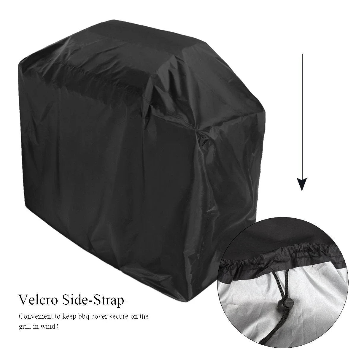 Premium heavy-duty outdoor grill cover made of durable 210D Oxford cloth with water-resistant silver coating and secure locking rope for all-weather protection