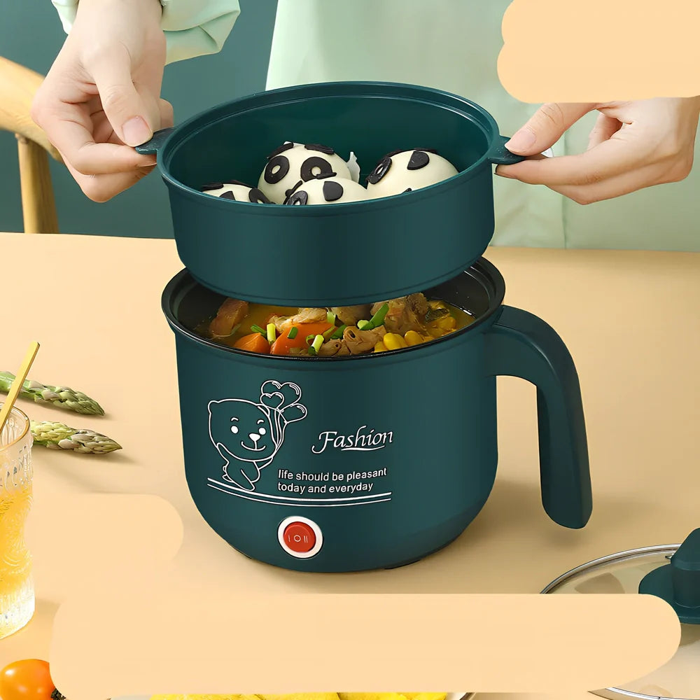 Emerald green electric cooker with stainless steel pot and dual-layer cooking capability