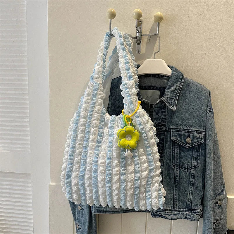 Pleated bubble shoulder bag in square vertical design with pendant accessory in various colour options