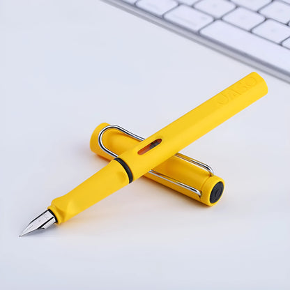 A 0.5mm ink sac pen with a steel nib, plastic shell, and ink bag cartridge visible.