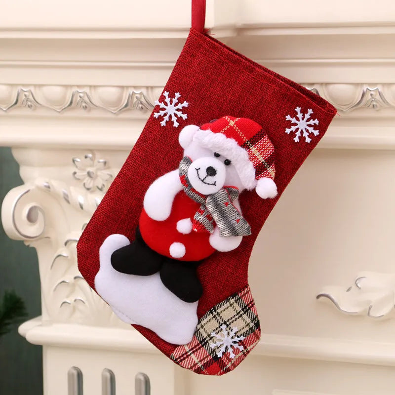 Christmas hanging gift bag socks in festive multicolour designs including bear, deer and snowman characters