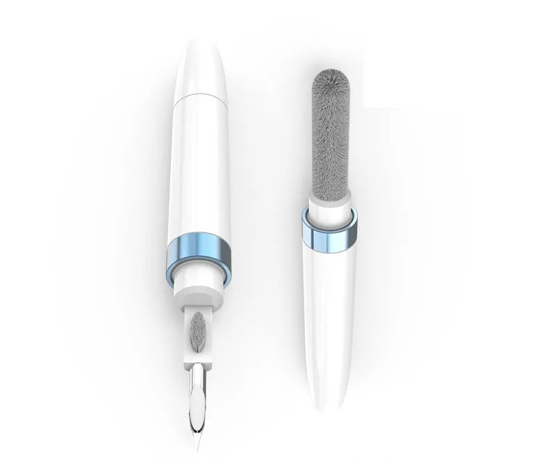 Blue headphone cleaning pen with metal tip, brush, and flocking sponge for electronics