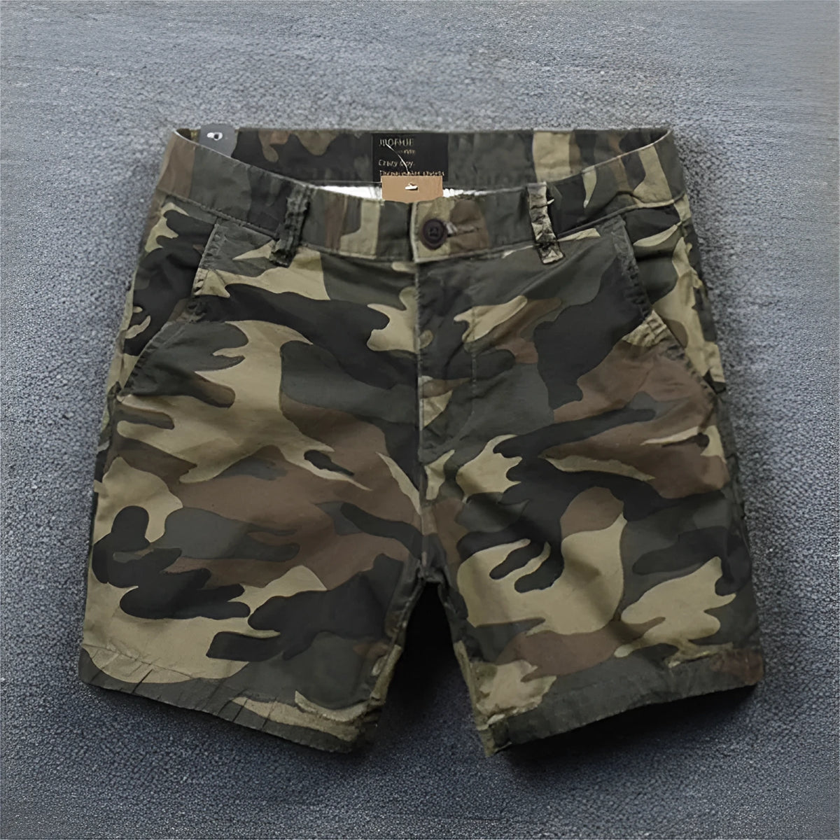 Men's pure cotton loose-fitting straight-leg shorts in a camouflage green colour.