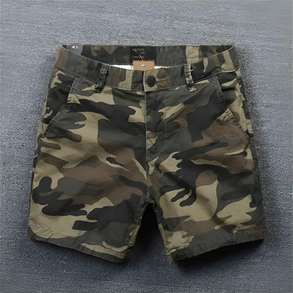 Men's pure cotton loose-fitting straight-leg shorts in a camouflage green colour.