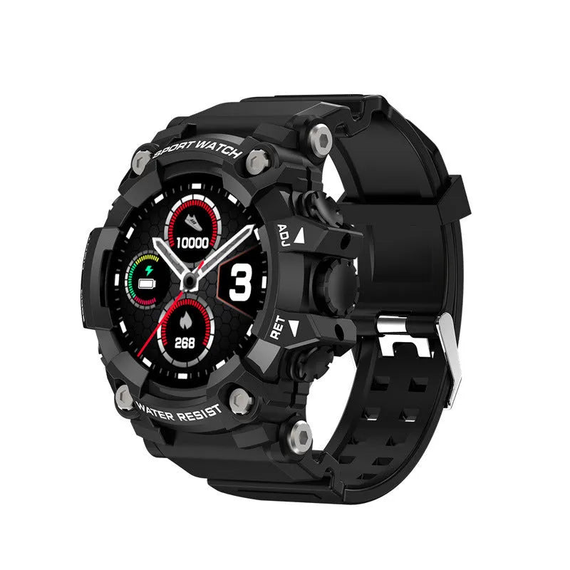 Black T6 tactical rugged smart watch with alloy case and 1.3-inch screen on wrist