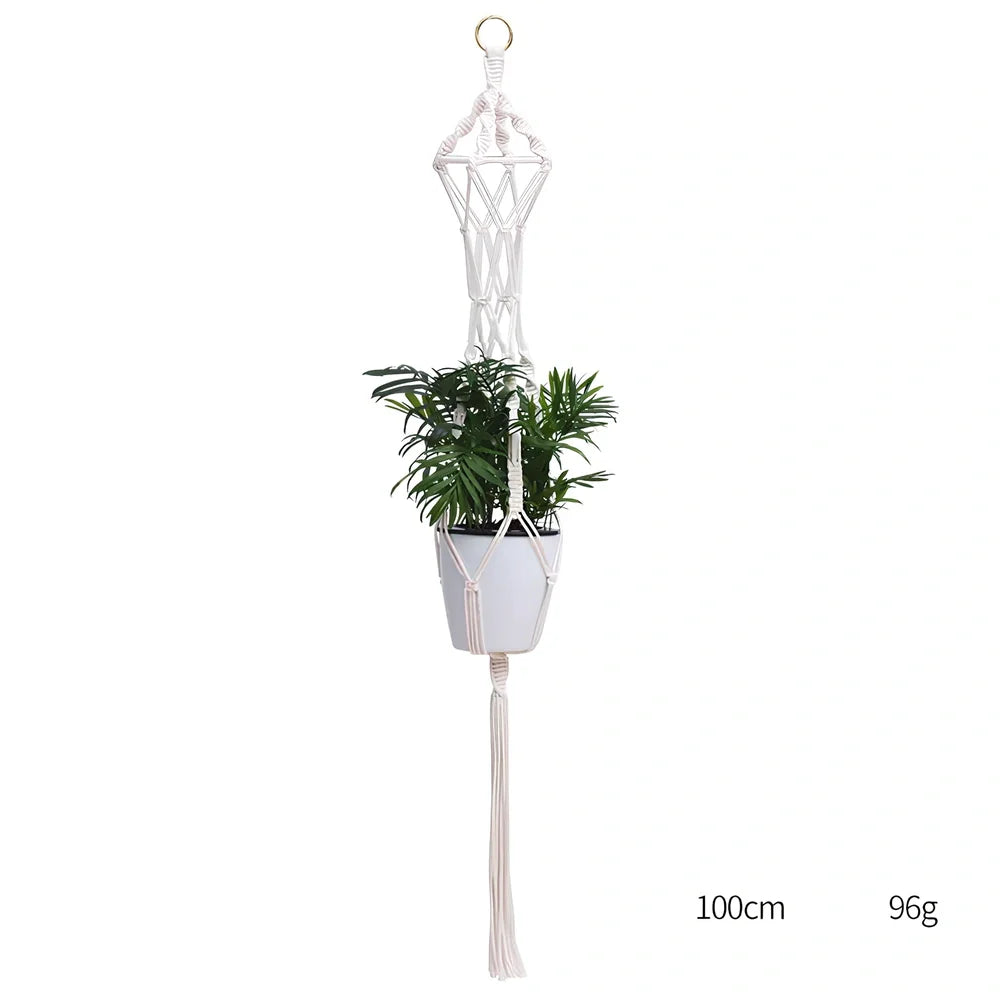 Hand-knitted cotton flowerpot net bag showing intricate pattern and hanging installation with plant