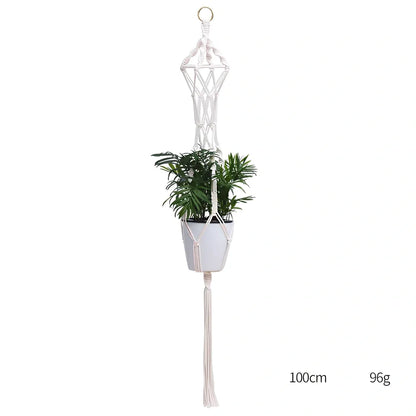 Hand-knitted cotton flowerpot net bag showing intricate pattern and hanging installation with plant