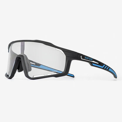 Photochromic cycling sunglasses with TR90 frame in semi-rimless unisex style on a solid colour background.