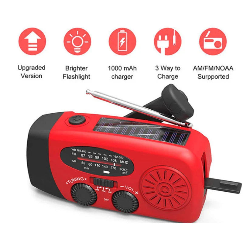Portable solar and hand-cranked USB charging radio flashlight with LED illumination for outdoor adventures and emergency preparedness