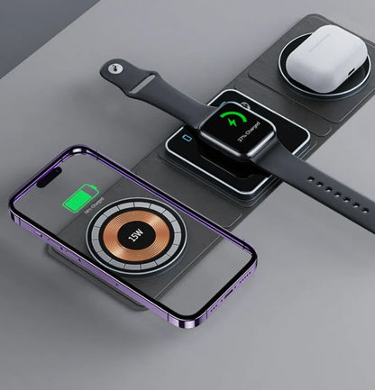 Transparent acrylic Magsafe magnetic wireless charging stand with black accents for three-device charging