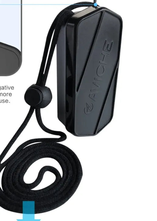 Black portable wearable air purifier necklace showing compact design.
