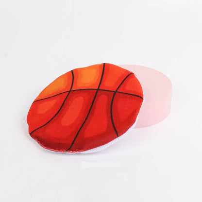 Soft plush cat flying disc toy with sports ball print, containing catnip and a crinkle layer, measuring 5cm.