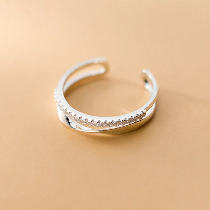 Adjustable S925 silver twisted double row ring with Korean-inspired design