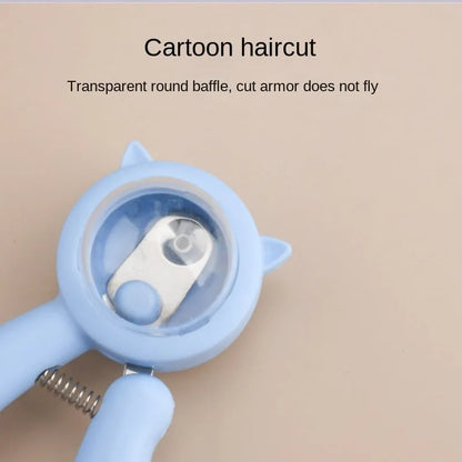 Blue pet nail clipper with stainless steel sickle blade and safety guard for trimming dog or cat claws.