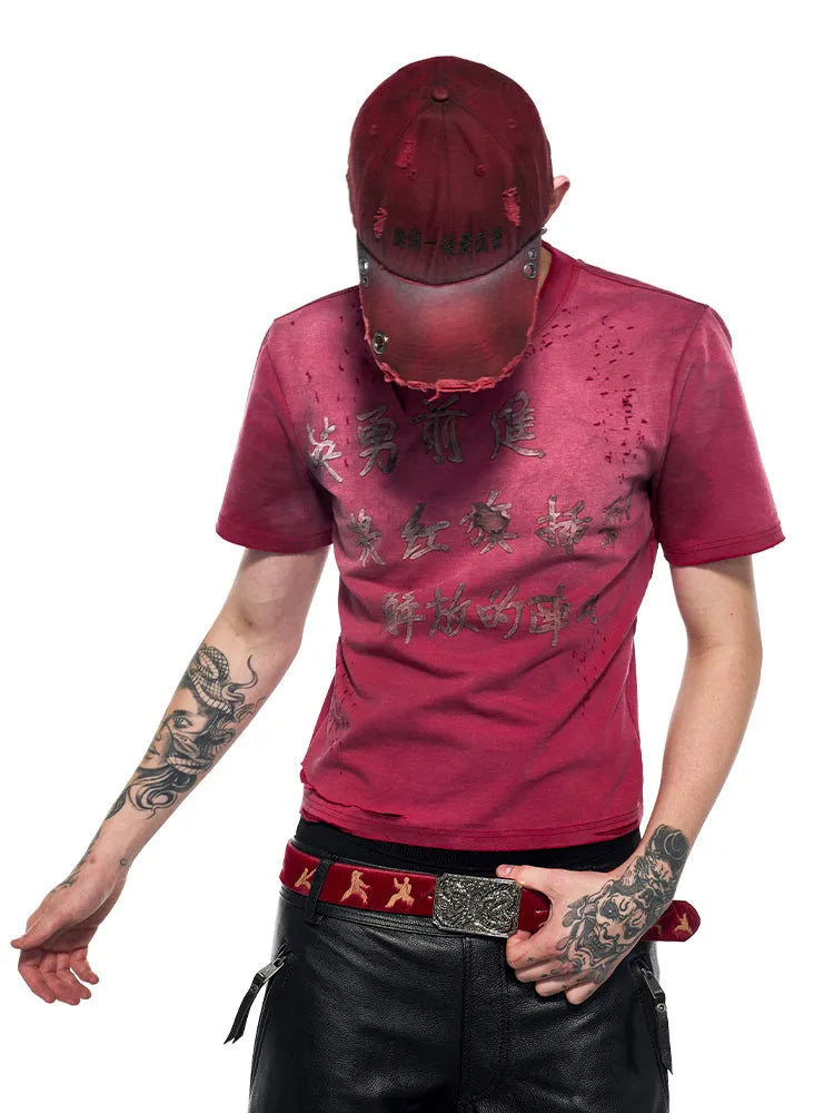 Red men's slim-fit T-shirt with dirty wash distressed styling and round neck collar
