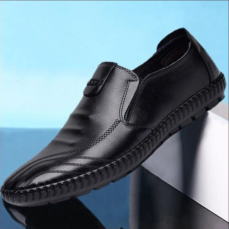 Men's plain-toe black and brown business shoes with flat soles and lace-up or slip-on styles.