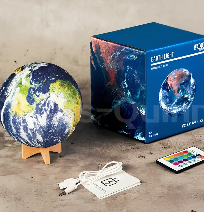 3D printed Earth lamp showing mountain details on 15cm spherical night light with LED illumination