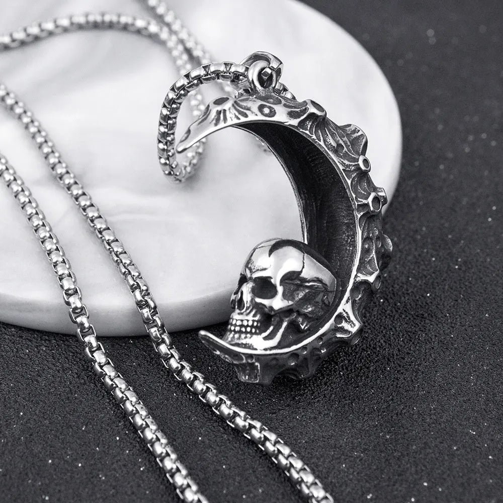 Men's silver electroplated skull necklace with stainless steel chain and alloy pendant showing six design options