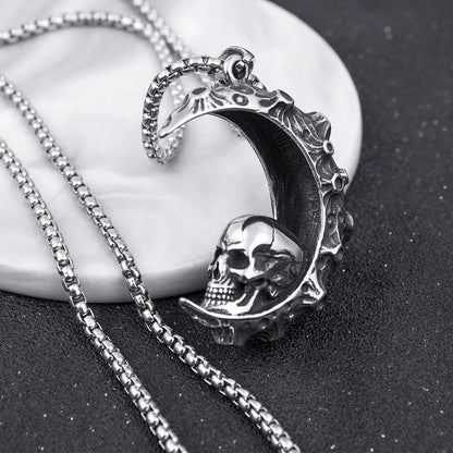 Men's silver electroplated skull necklace with stainless steel chain and alloy pendant showing six design options