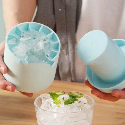 Blue-green silicone ice bucket mould with lid showing 9cm diameter and 8cm height dimensions