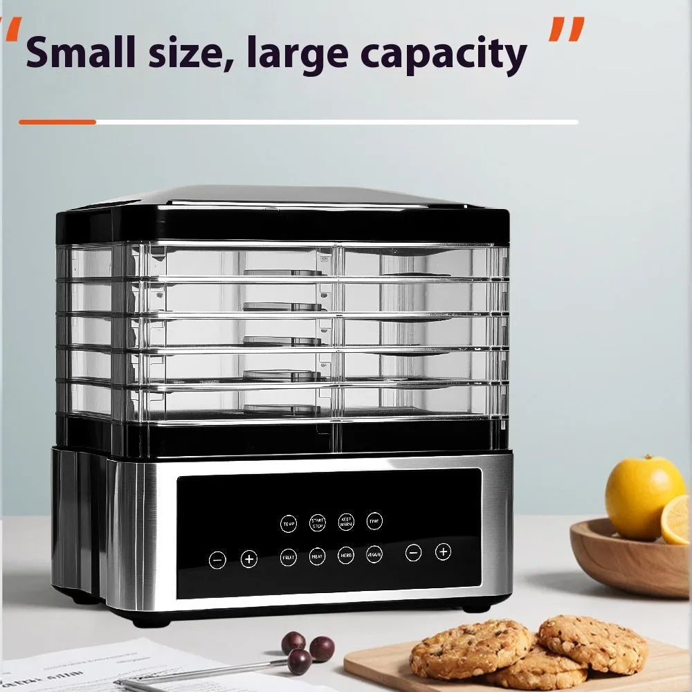 Silver stainless steel fruit dehydrator with temperature dial and 14-litre drying capacity