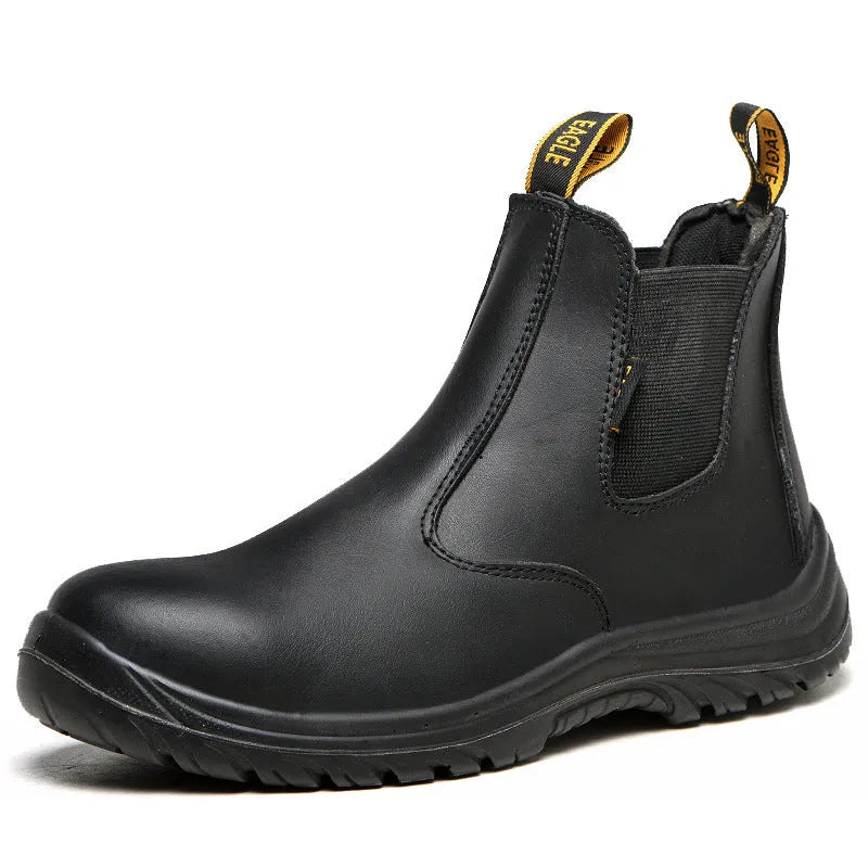 Black leather anti-piercing safety boots with high-top design for workplace protection