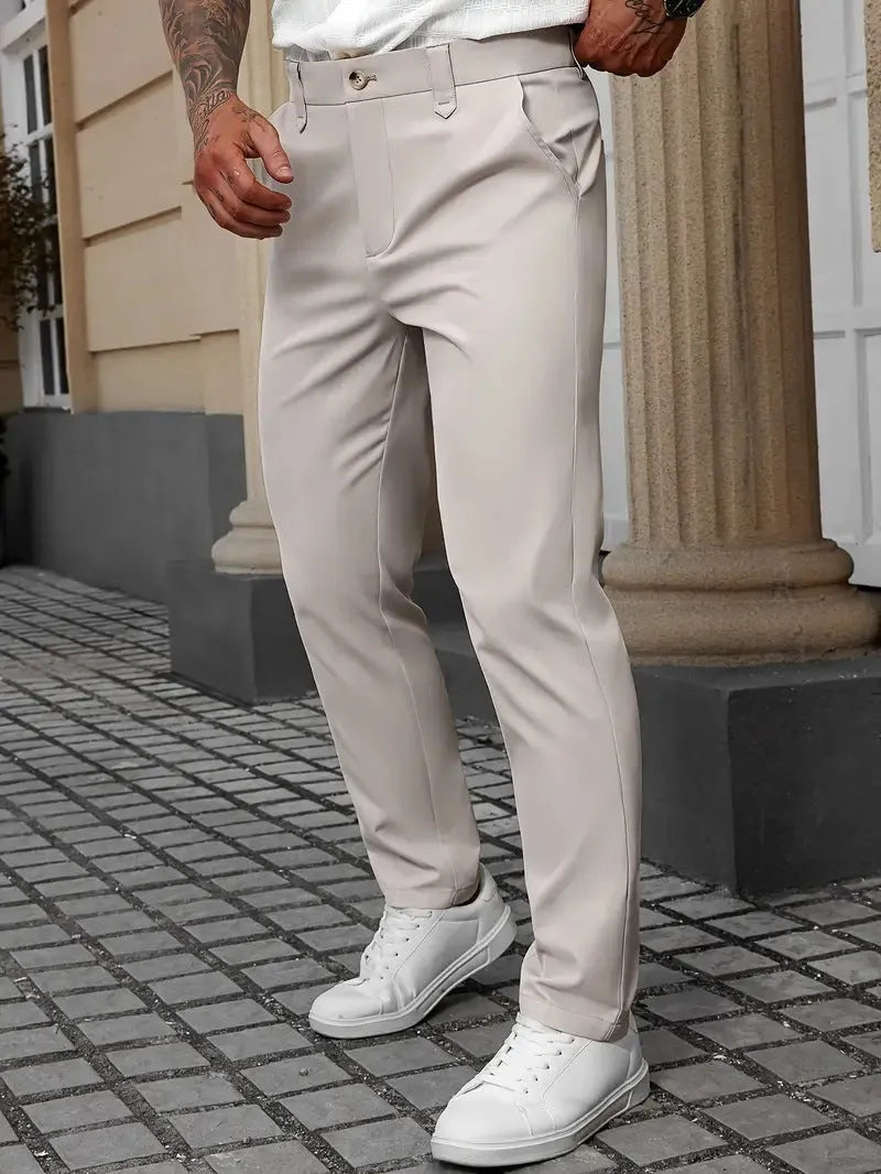 Men's straight leg light business trousers in polyester, shown in black, apricot, white, and grey colours.