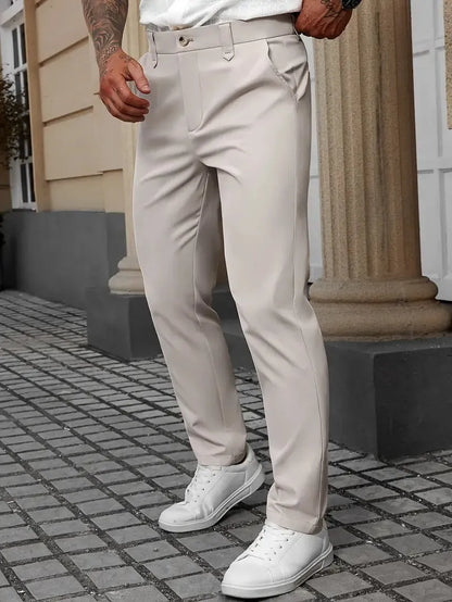 Men's straight leg light business trousers in polyester, shown in black, apricot, white, and grey colours.