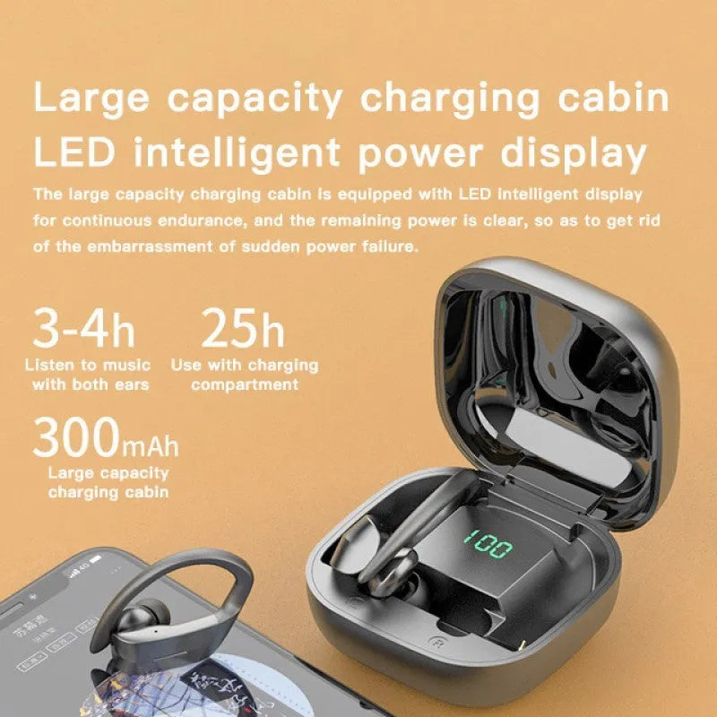 In-ear wireless headphones with Bluetooth 5.0, hanging ear design, NFC, and multi-point connection in Black or White