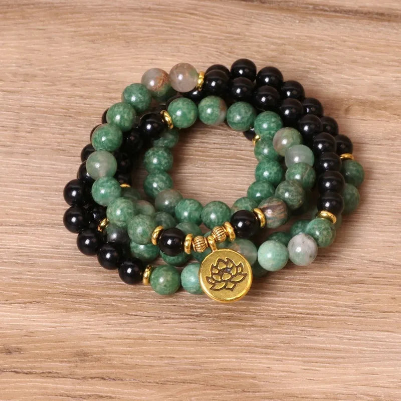 Green and black elastic beaded long bracelet made from alloy with natural style design