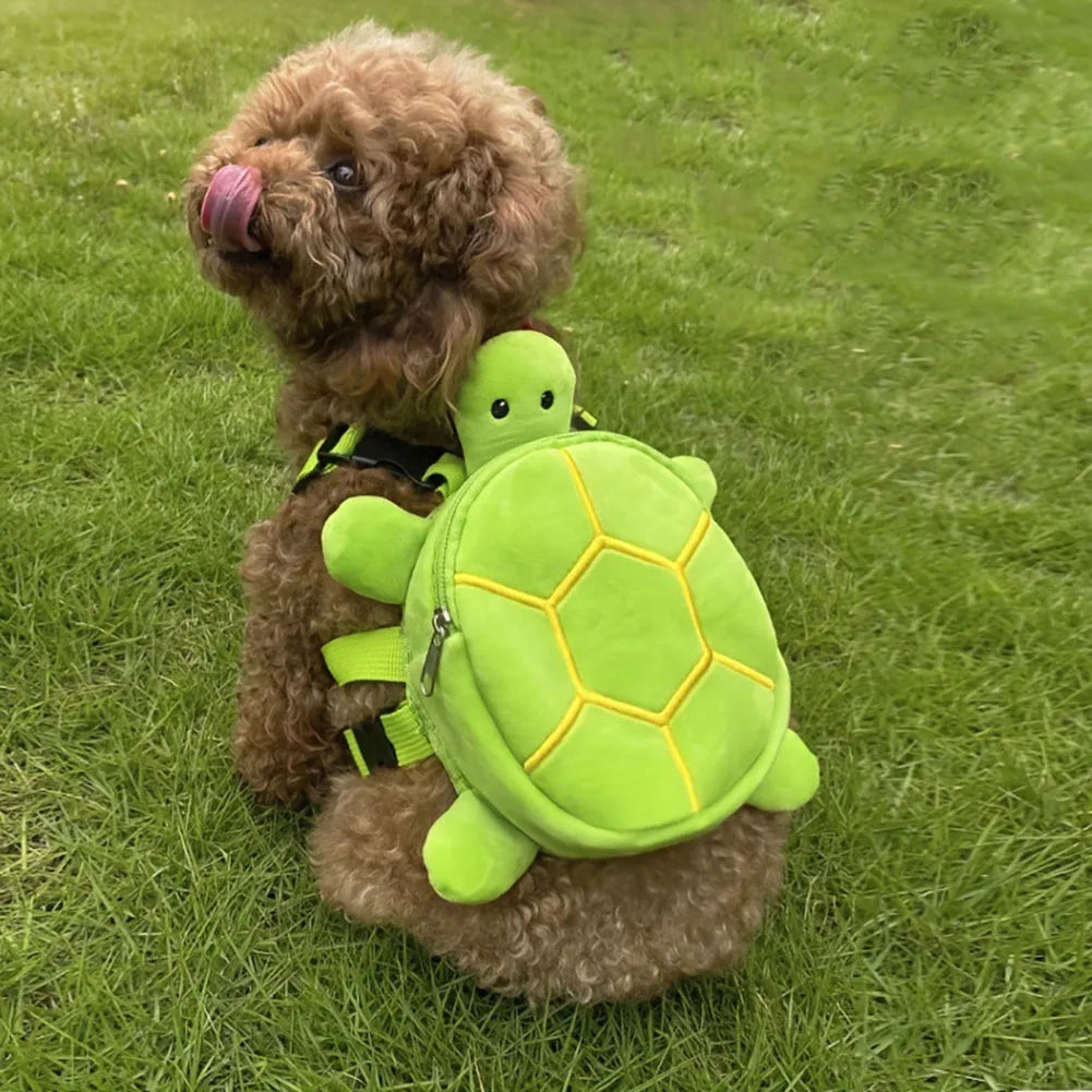 Brown cartoon turtle-shaped dog backpack with no-pull vest harness and metal zipper.