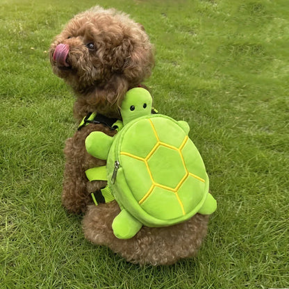 Brown cartoon turtle-shaped dog backpack with no-pull vest harness and metal zipper.