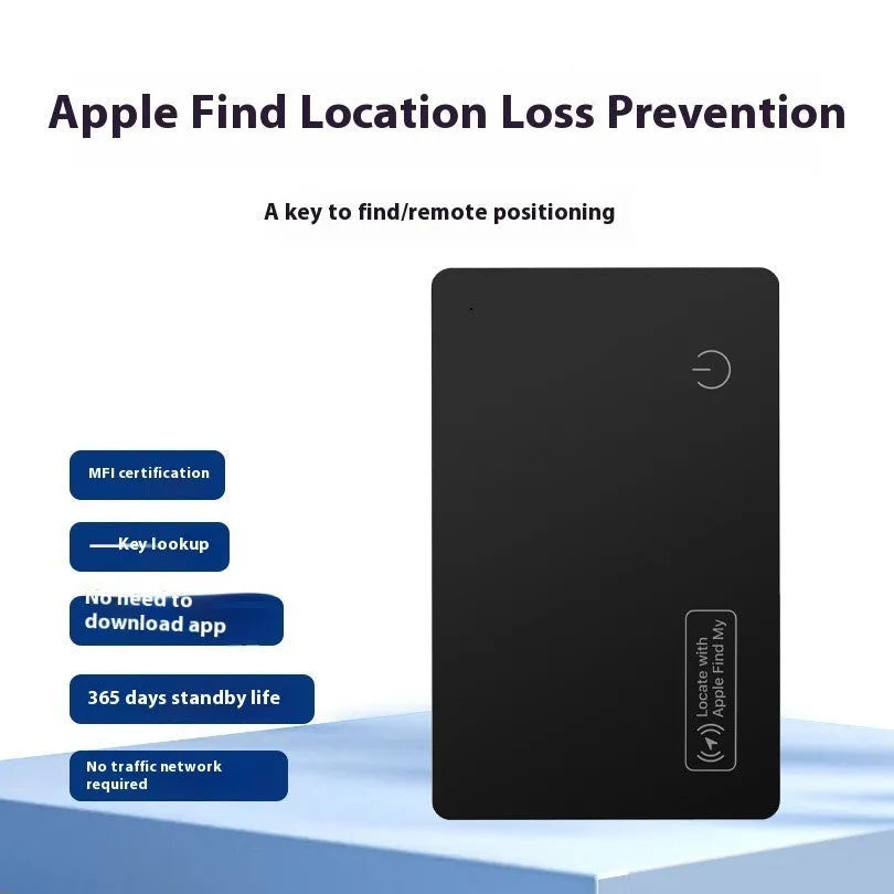 Black ultra-thin anti-loss alarm card for Apple devices, shown next to a credit card for size comparison.