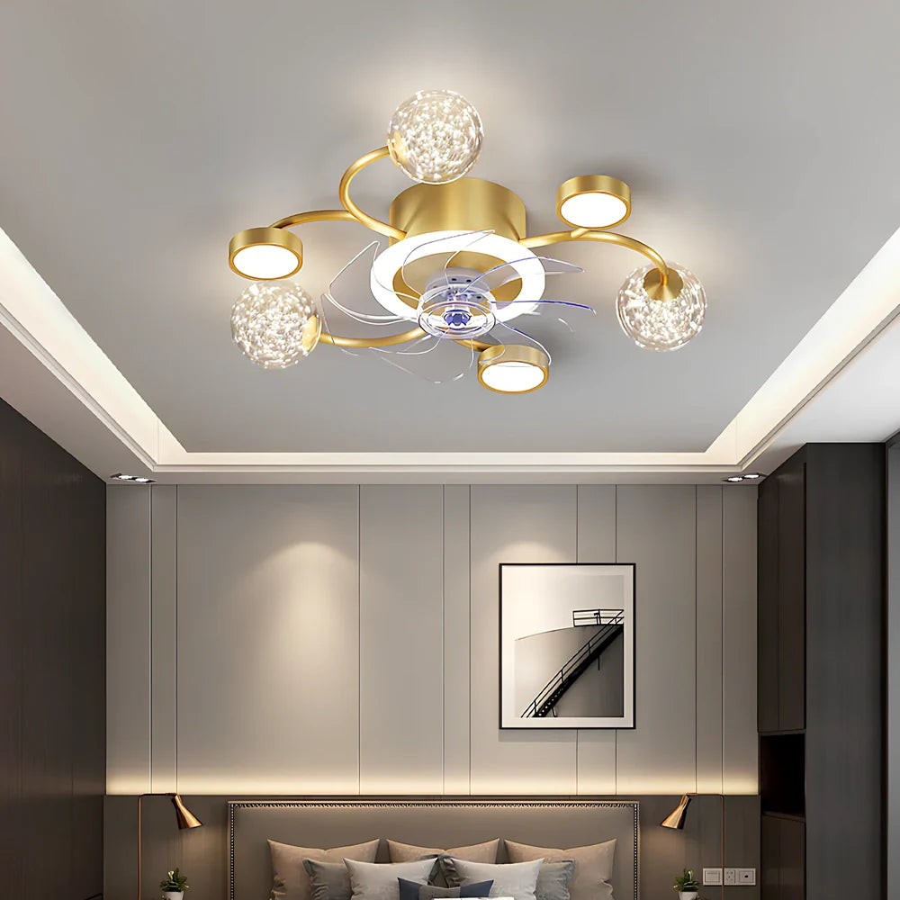 Modern ceiling fan lamp with circular PMMA shade and remote control in black or gold finish