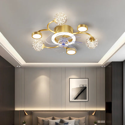 Modern ceiling fan lamp with circular PMMA shade and remote control in black or gold finish