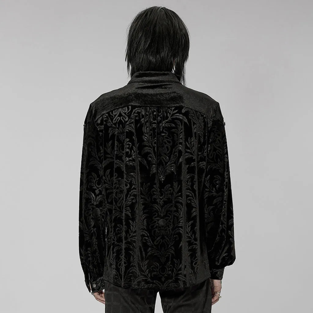 Black men's velvet shirt with pointed collar, long sleeves, and decorative printing and flocking fasteners.