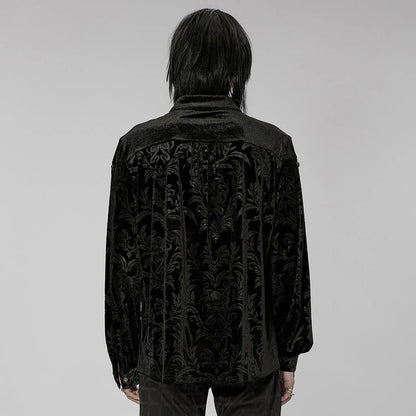 Black men's velvet shirt with pointed collar, long sleeves, and decorative printing and flocking fasteners.
