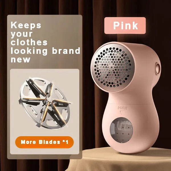 White electric lint remover with digital display showing six stainless steel blades and USB charging port