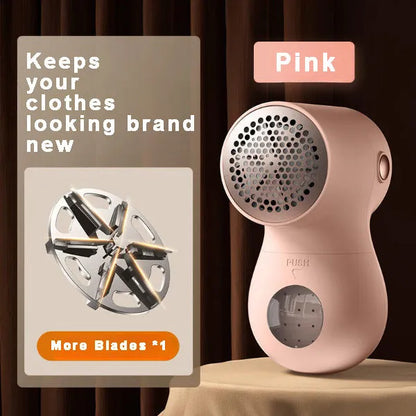 White electric lint remover with digital display showing six stainless steel blades and USB charging port