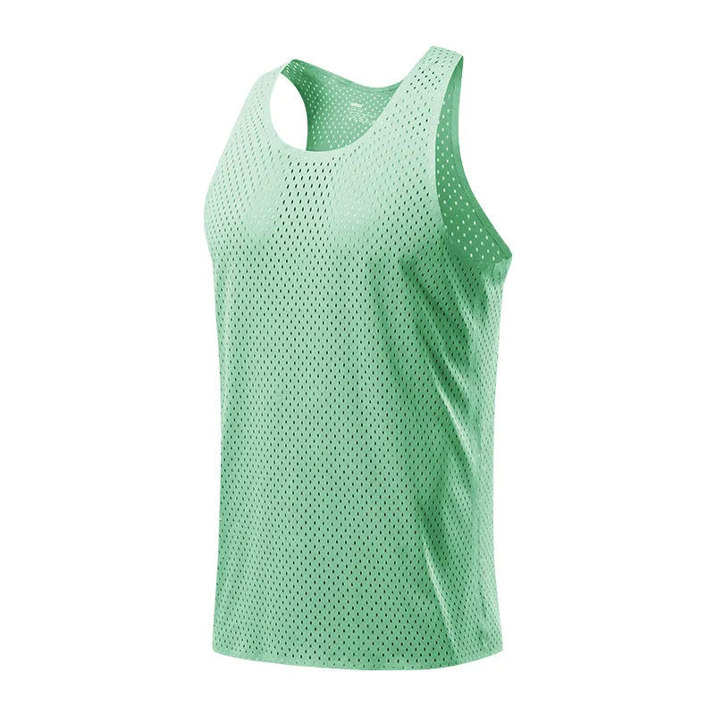 Men's quick-drying sleeveless vest in solid colours for outdoor sports, made from polyester fibre with a straight hem design, available in S, M, L, XL, 2XL, 3XL, 4XL sizes and five colours including B14 Green and B14 Orange.